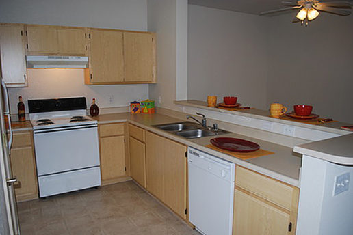 Kitchen with oven, fridge, sink, dishwasher and cabinets