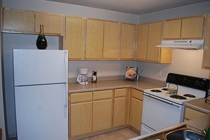 Kitchen with oven, fridge and cabinets